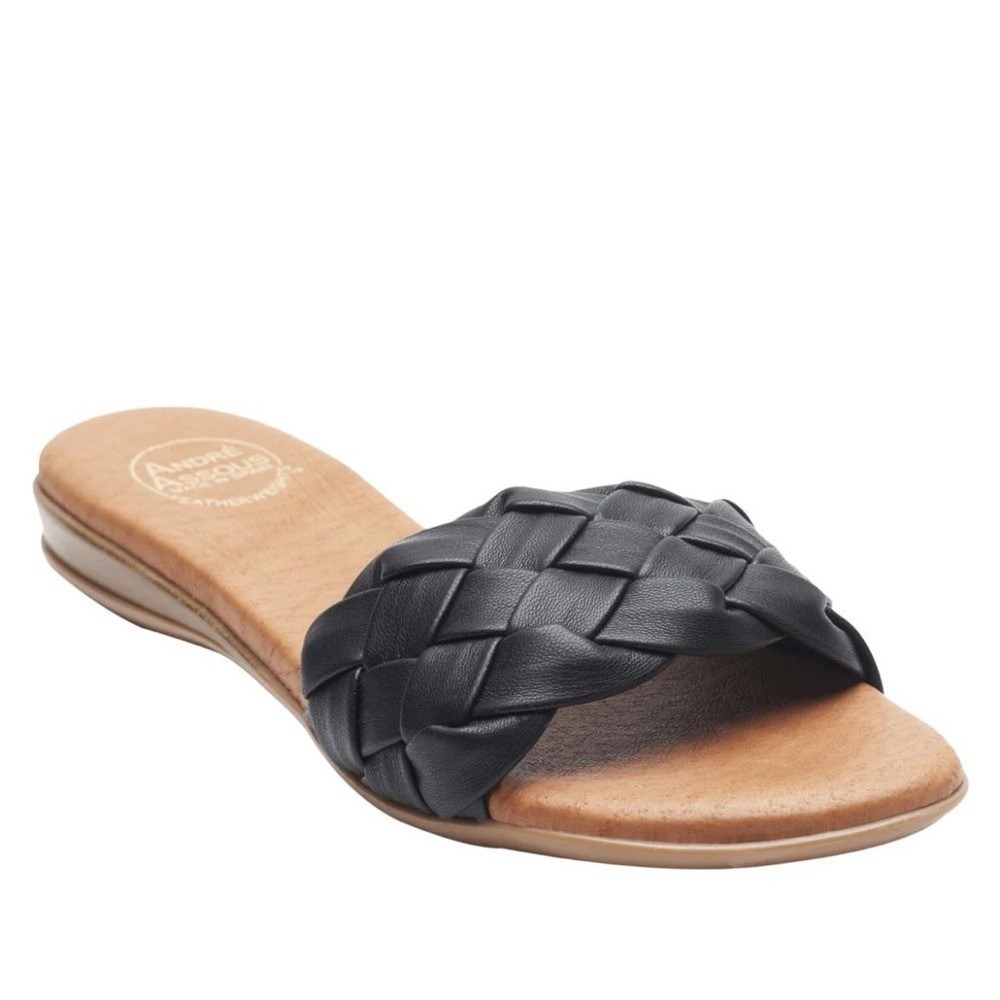 Andre Assous Woven Nicki‎ Slide Sandals Black Leather Made in Spain Size 7